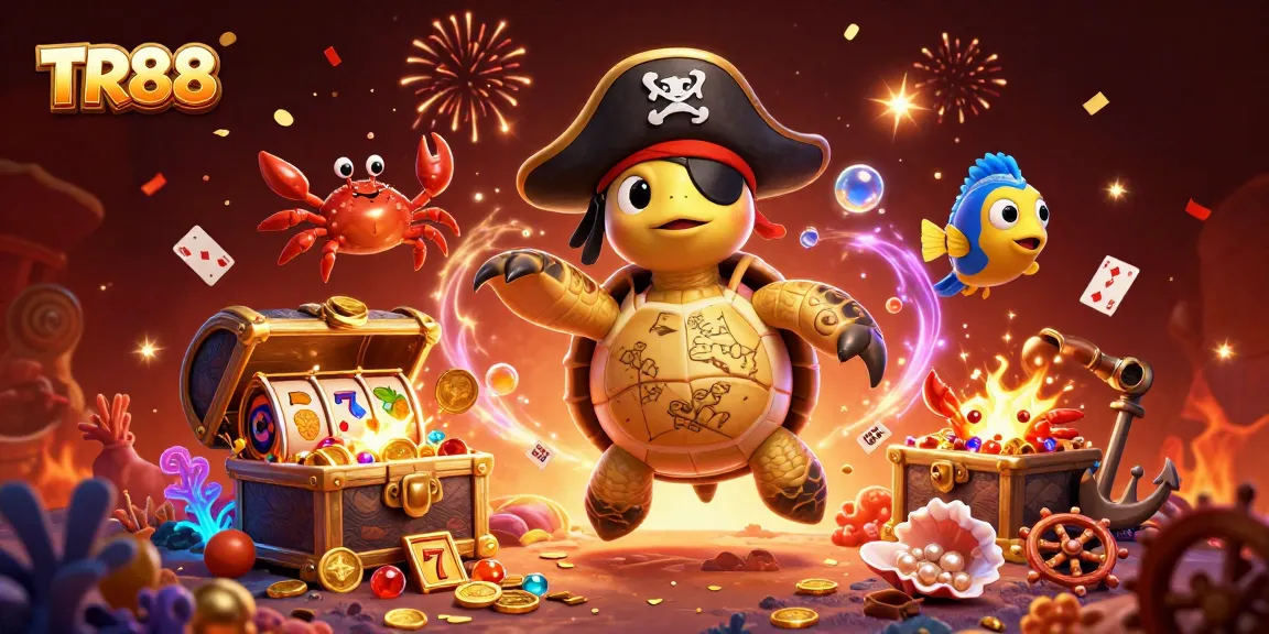 Engage in winning adventures at TR88 with a vibrant 3D casino-themed underwater scene featuring a pirate turtle and treasure.