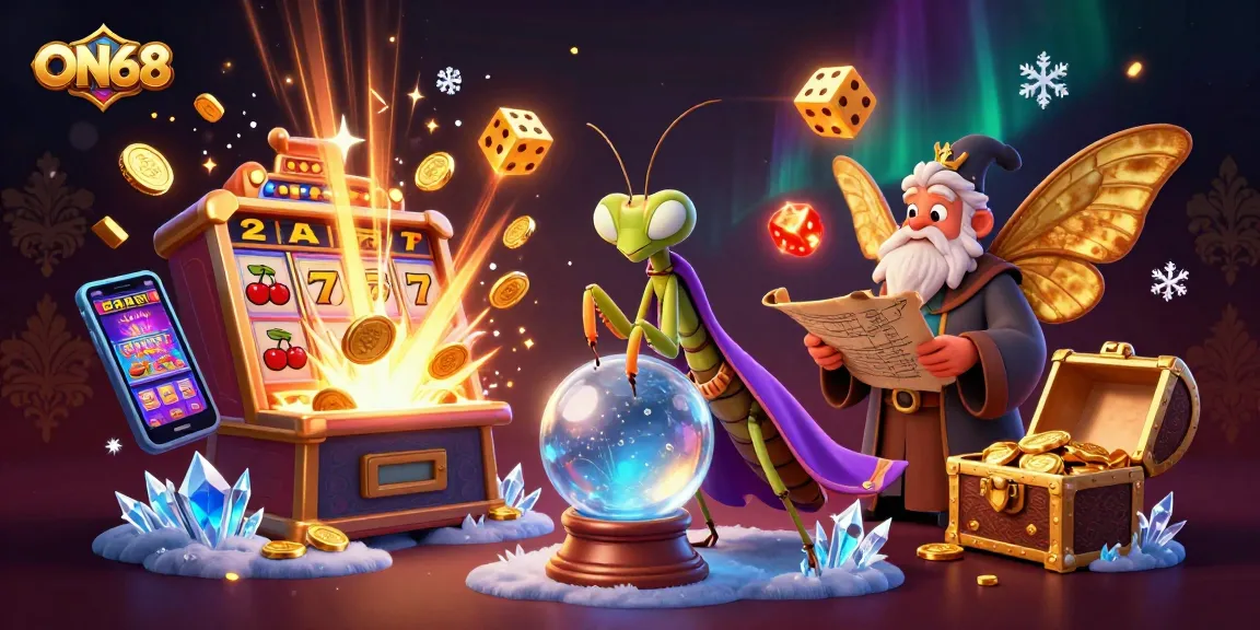Experience an enchanting scene with ON68 featuring a mystical fortune teller amidst jackpot excitement and vibrant casino elements.