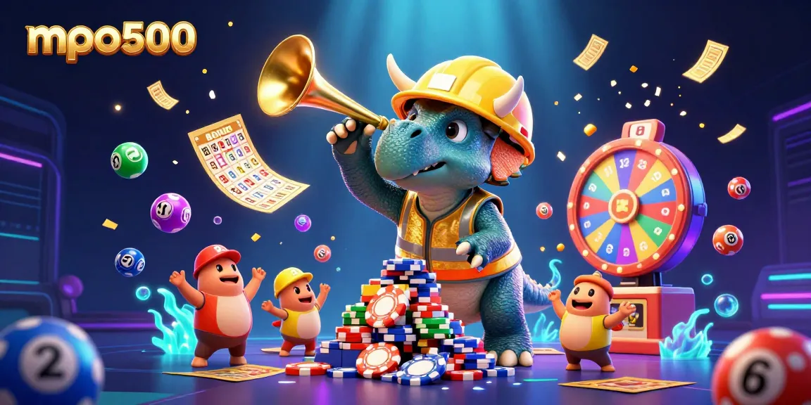 Spin and win at mpo500 with a lively 3D casino celebration featuring vibrant gambling elements.