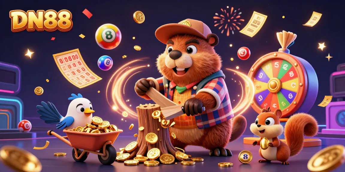 Join the excitement at DN88 as the beaver collects golden coins amidst a vibrant casino scene.