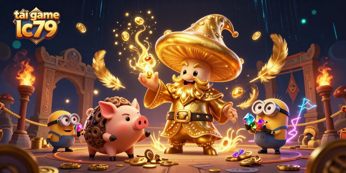 Trải nghiệm tải game lc79 với hình ảnh sinh động của wizard và kho báu đang chờ đón người chơi.