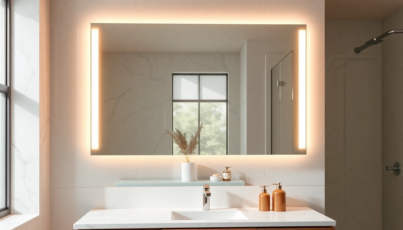 Stylish bathroom mirrors with lights illuminating a modern vanity setup.