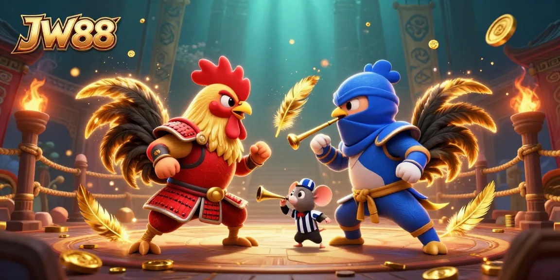Engage in exciting gameplay with JW88 featuring dynamic cartoon roosters in combat.