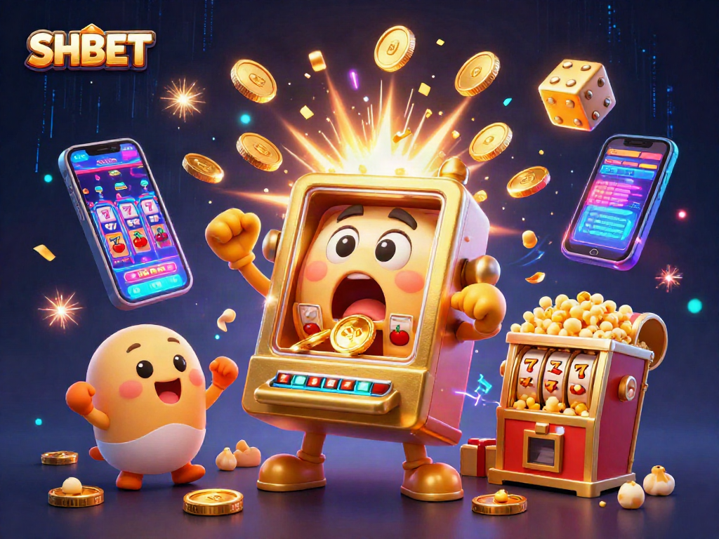 SHBET's golden slot machine hits the jackpot amidst an explosion of coins and excitement.