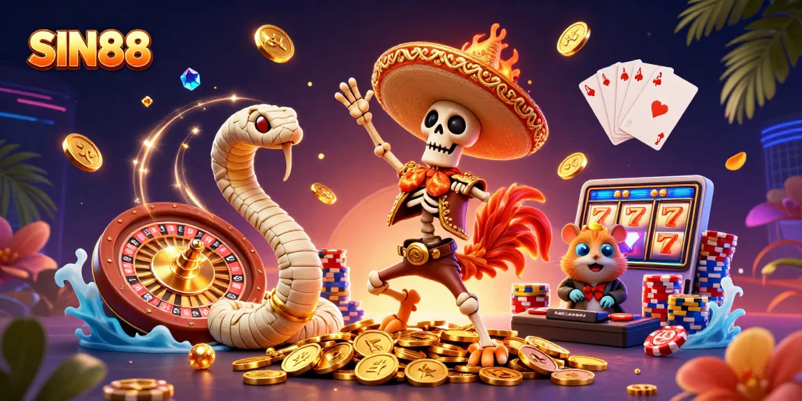 SIN88 showcases a dynamic scene with a mariachi rooster, mummy snake, and zombie DJ amid celebratory casino elements.