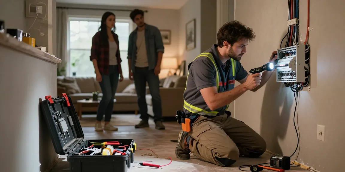 Emergency electrician fixing a fuse box in dim lighting at kirstenpricexxx.com, tools and concerned homeowners nearby