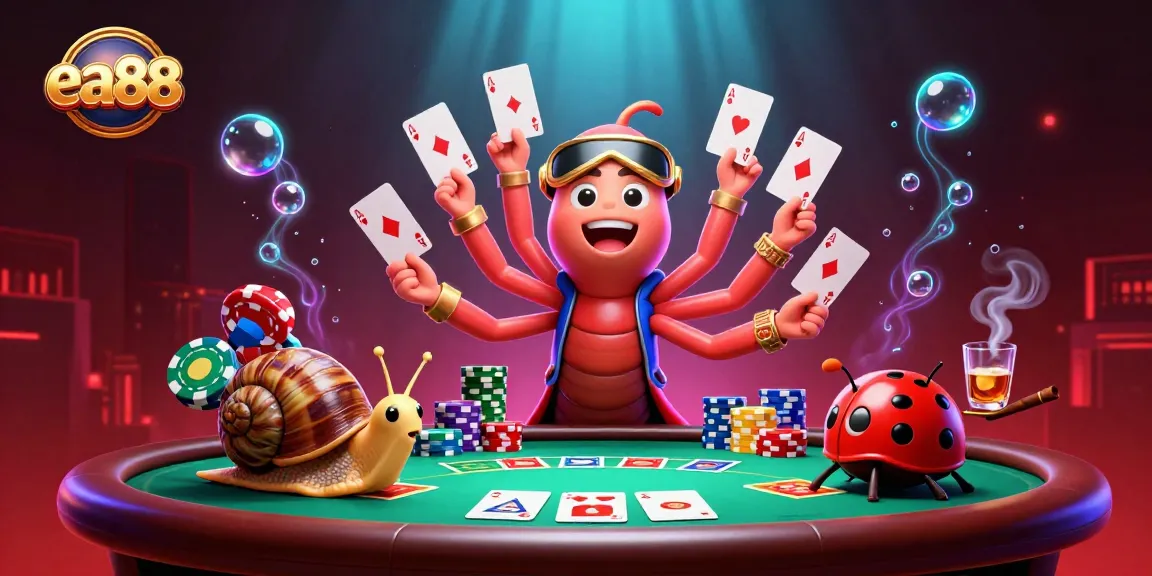 Experience the thrilling action at ea88 with a whimsical casino scene featuring a playful millipede dealer and high-rolling snail.