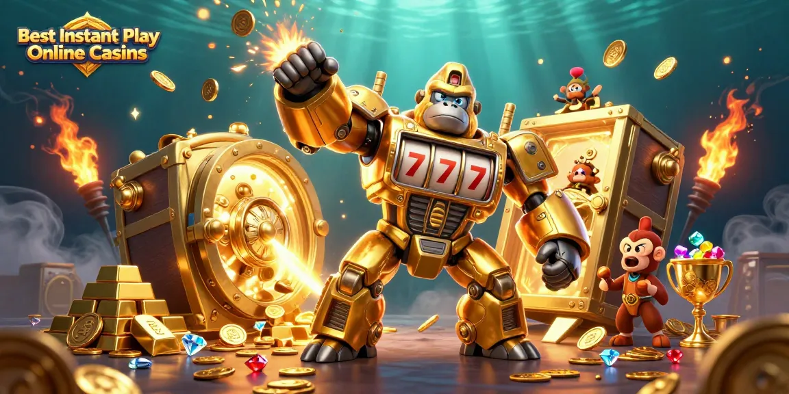 Engage in thrilling gameplay at the Best Instant Play Online Casinos with dynamic visuals of a gorilla mech surrounded by treasure.