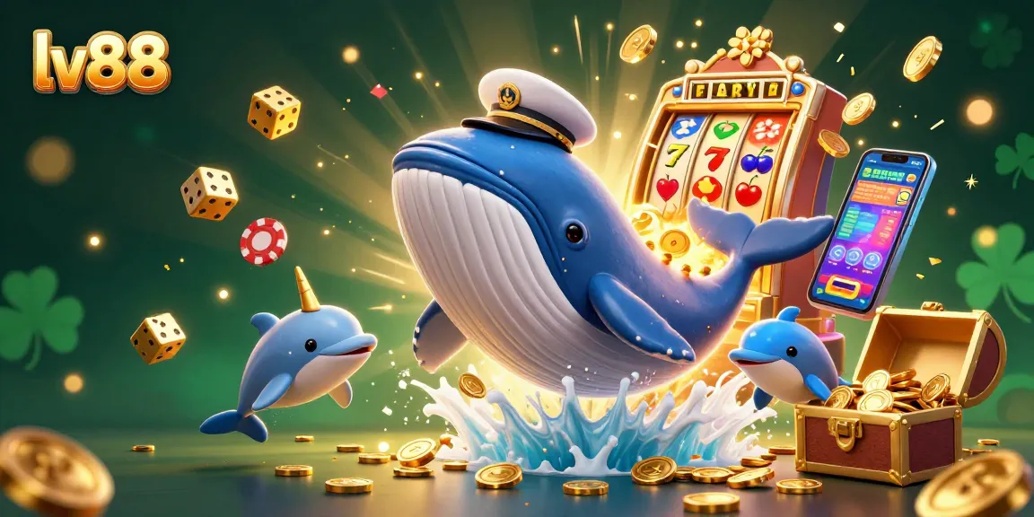 Experience the vibrant world of lv88 with a cartoon whale, narwhal, and playful dolphins in a casino-inspired explosion of fun.