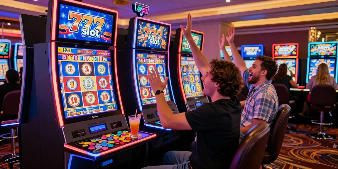 Players celebrating a jackpot at the 777 slot machine in a vibrant casino.