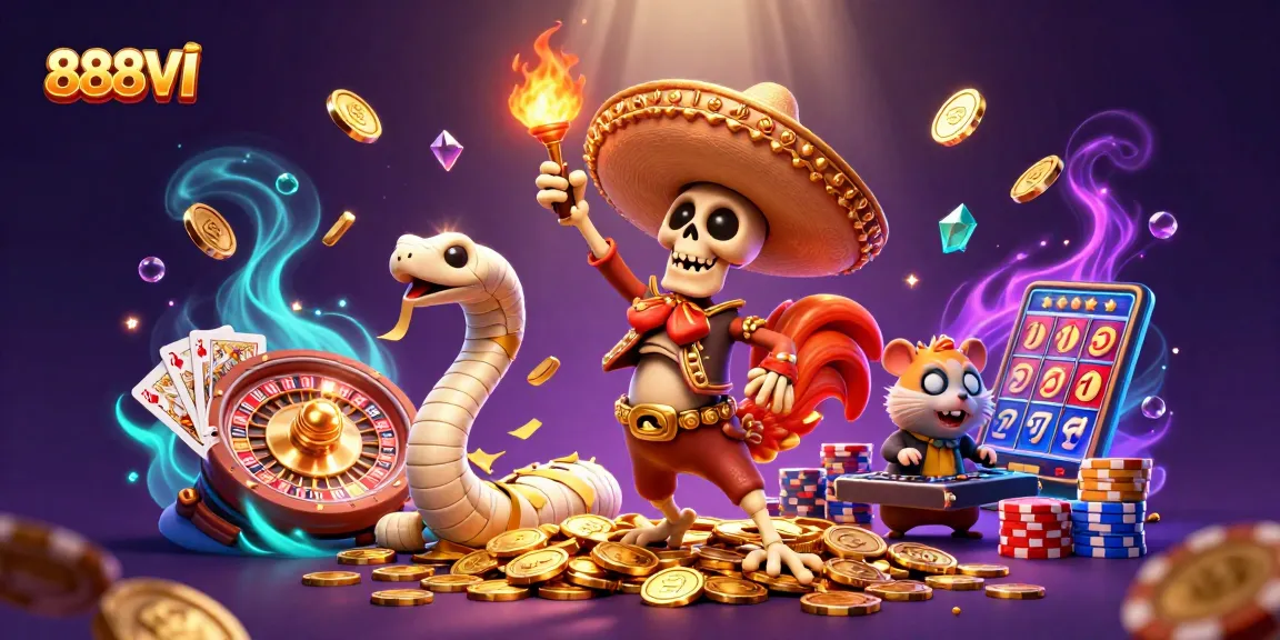 Experience thrilling wins with 888VI in a vibrant 3D casino scene filled with golden coins and excitement.