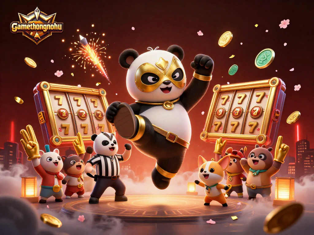 Experience exciting gaming action with gamethuongnohu - a thrilling panda wrestling scene amid slot elements!