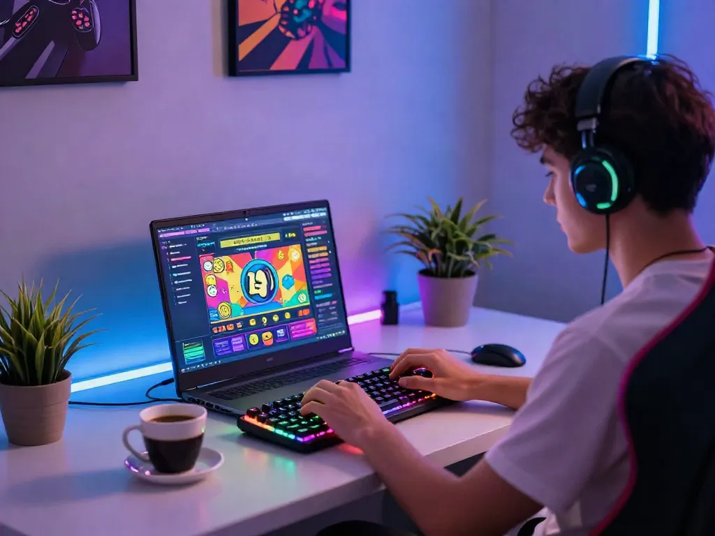 Engaged user on a colorful togel online gaming platform with modern setup
