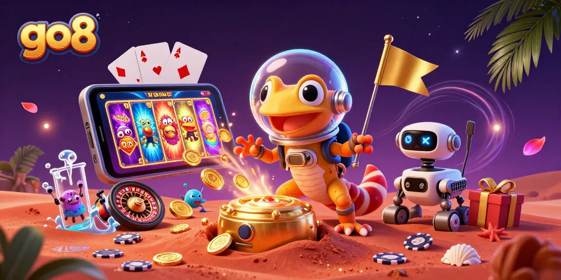 Engage with exciting go8 casino adventures in a vibrant 3D illustration filled with thrilling slot games and characters.