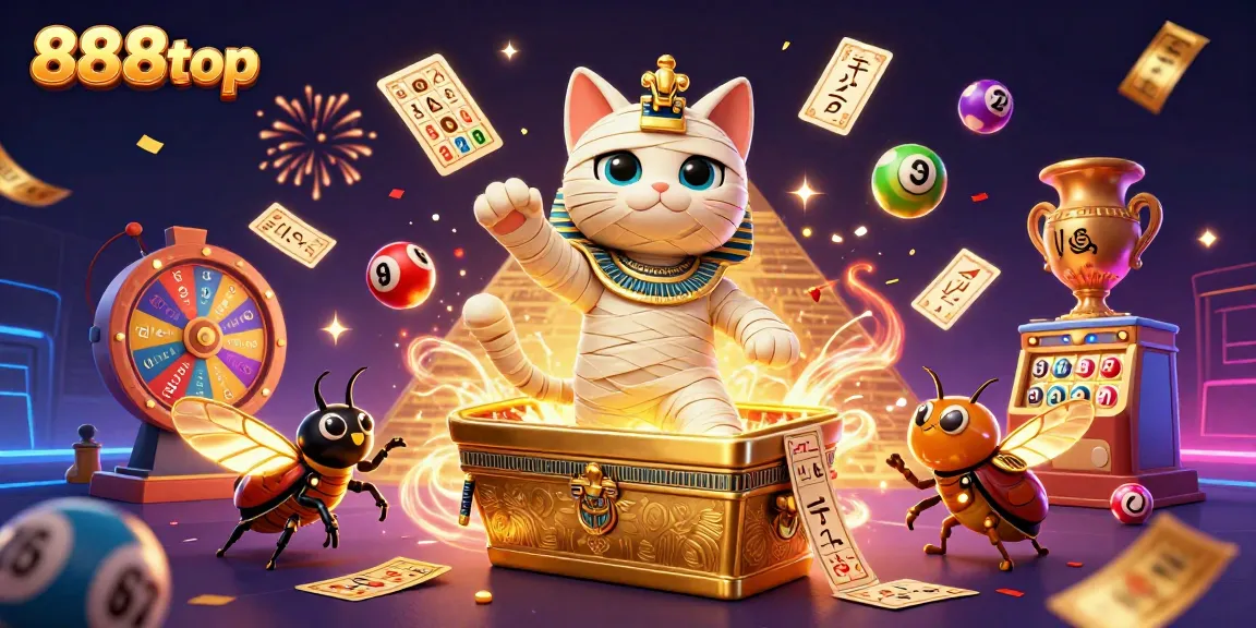 Experience the excitement at 888top with a thrilling scene featuring a mummy cat, golden wings, and dynamic gambling elements.