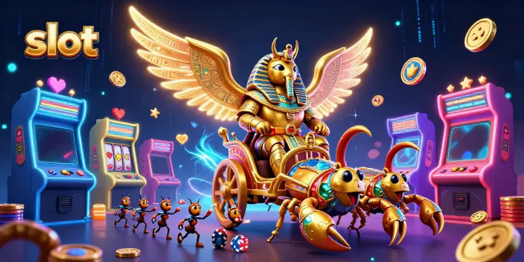 Mesin slot dengan simbol keberuntungan dan karakter heroik dalam ilustrasi 3D menakjubkan.