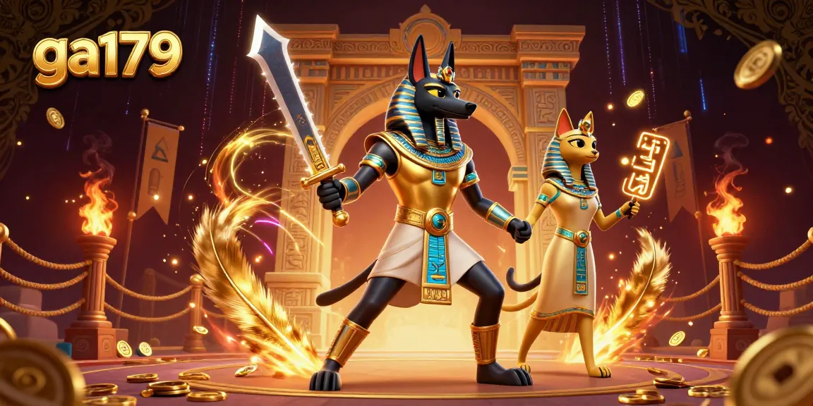 Engage with ga179's thrilling casino atmosphere, featuring Anubis and Bastet in a dynamic 3D illustration.