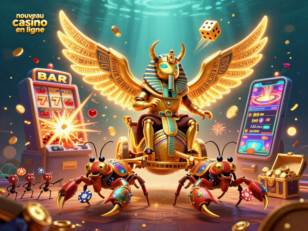 Découvrez le nouveau casino en ligne avec cette illustration dynamique montrant un scarabée doré et des éléments de jeux animés.