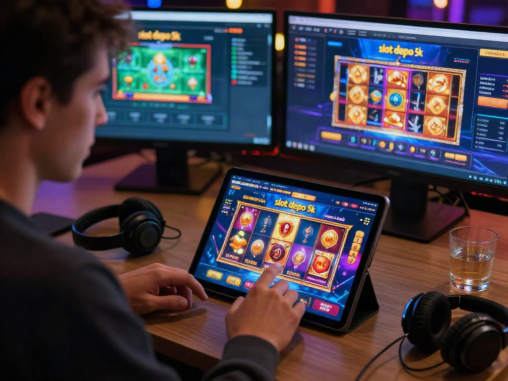 Player selecting slot depo 5k at a vibrant online casino interface, engaging gaming atmosphere.