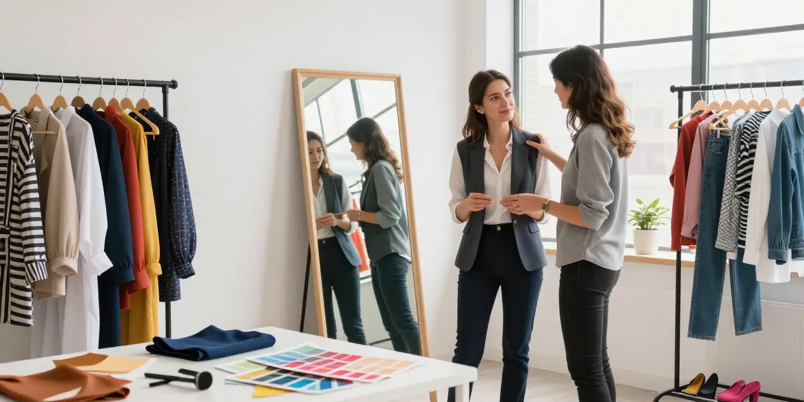 Consulenza d'immagine Milano: stylist che aiuta una donna a trovare il suo stile con abiti e accessori colorati.