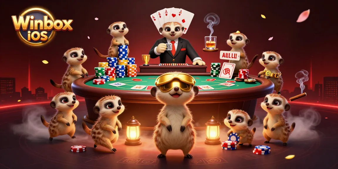 Engage with Winbox iOS in a vibrant 3D casino scene featuring meerkats at play.