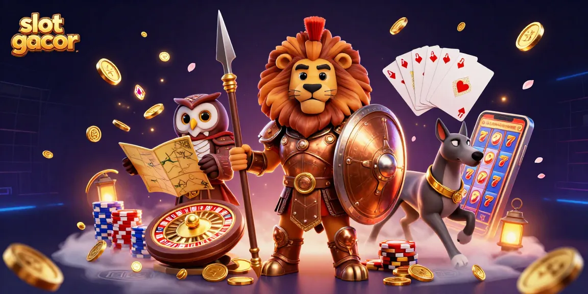 Engage with slot gacor excitement amidst cascading coins and 3D characters in a vibrant casino scene.