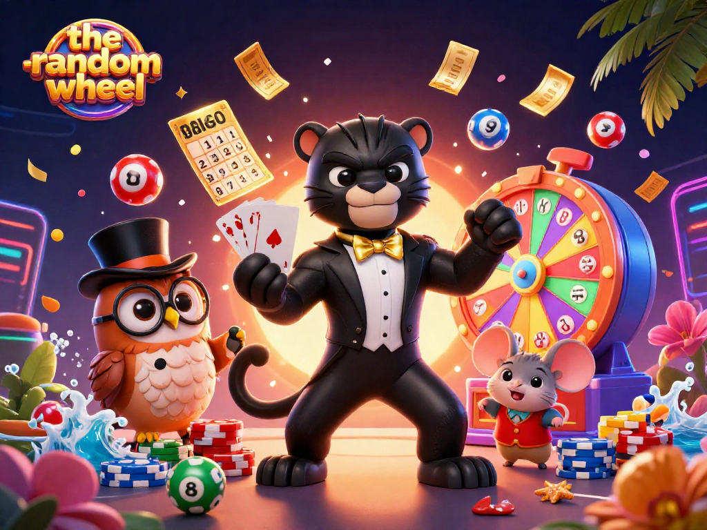 Engage with the-random-wheel's vibrant game mechanics featuring a stylish panther and friends.