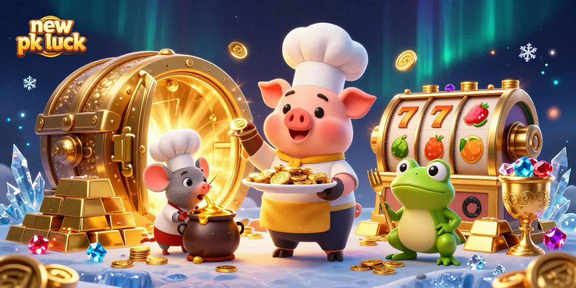 Spin to win with new pk luck as chef pig serves gold coins in a vibrant casino scene.