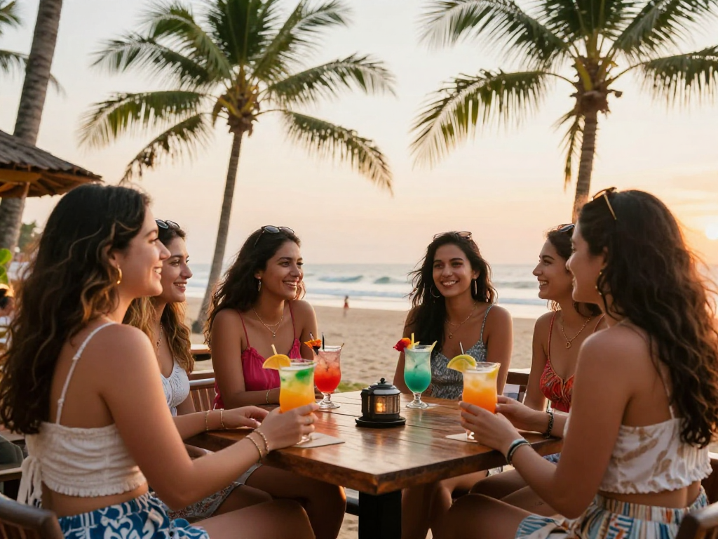 Goa call girls enjoying drinks at a beachside bar during sunset
