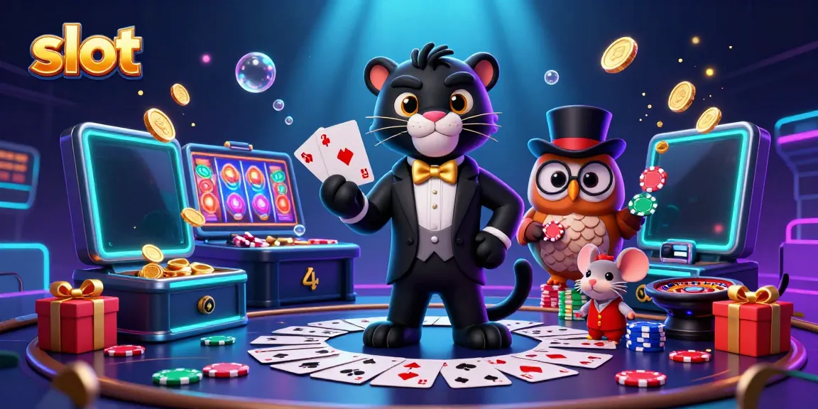 Menyenangkan dengan slot modern, panther dan burung hantu bermain kartu dengan chip kasino.