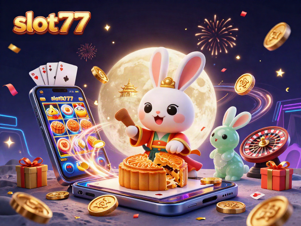 Permainan slot777 yang menampilkan kelinci bulan dan chip poker di dalam kue bulan.