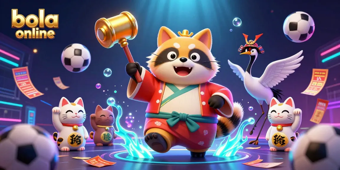 Bet on bola online with cheerful tanuki and lucky symbols in a vibrant sports betting scene.
