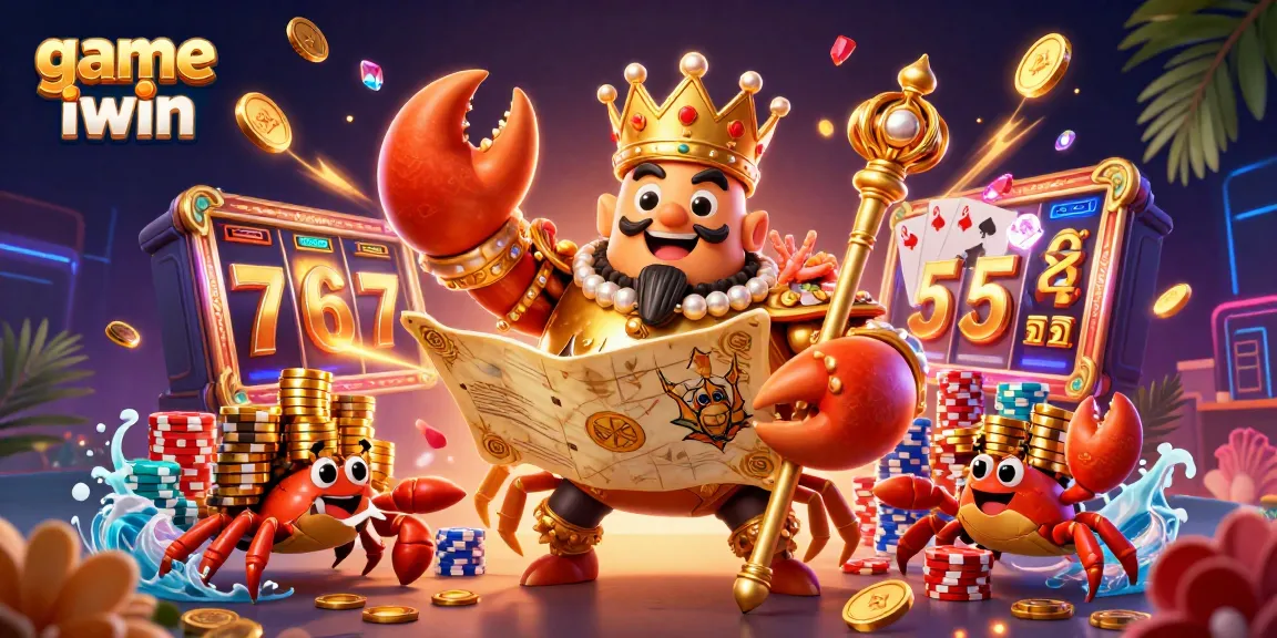 Experience the thrill of game iwin with a vibrant 3D scene featuring a golden crab emperor, slot reels, and sparkling treasures!