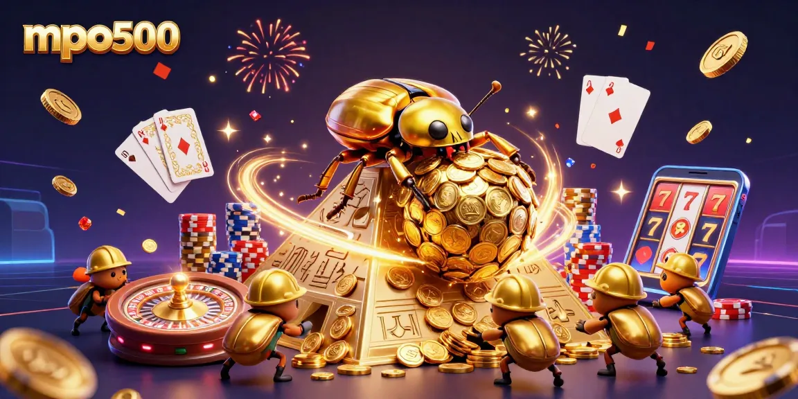 Experience mpo500 excitement with a vibrant scene showcasing a golden beetle rolling coins among casino symbols and dynamic game elements.