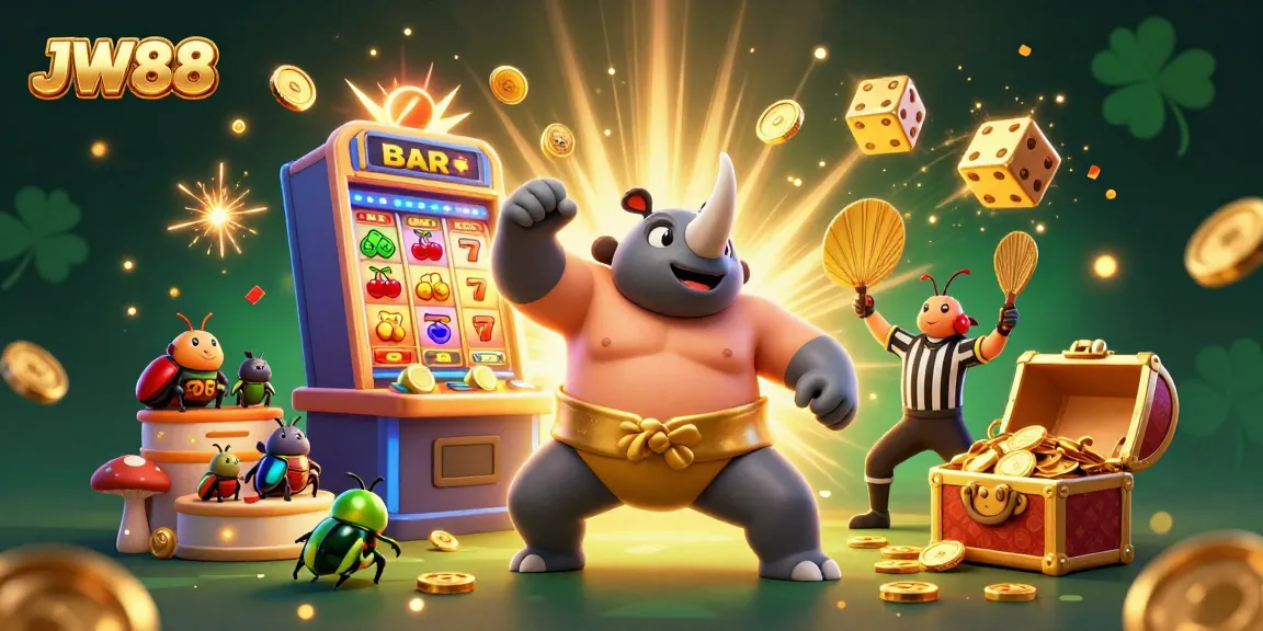 Experience thrilling wins at JW88 with a 3D cartoon beetle champion stomping coins in a casino scene.