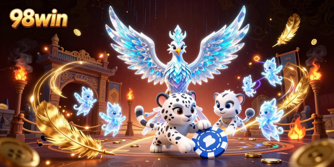Experience thrilling gameplay at 98win with an ice phoenix, poker chip, and vibrant casino atmosphere.