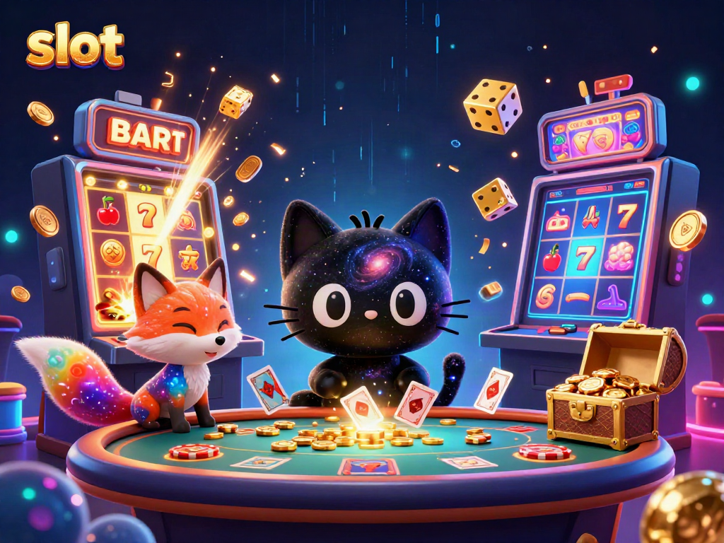 Gambarkan slot yang menyerupai mesin dengan kucing lubang hitam saat menarik chip emas dan kartu.