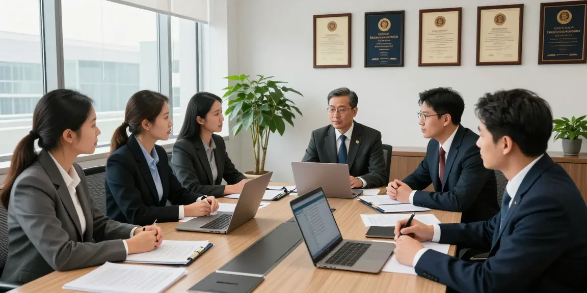 Team of legal experts collaborating in a law office, discussing site-related cases, showcasing professionalism.