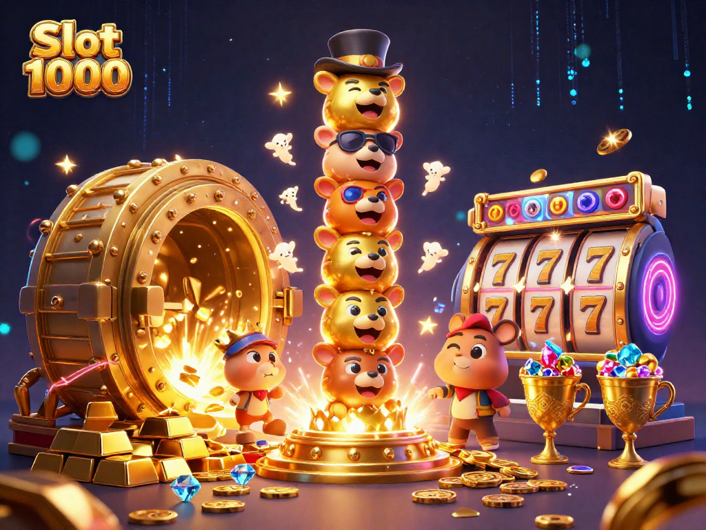 Experience Slot 1000 with vibrant 3D totem pole and dazzling treasures in this dynamic casino scene!