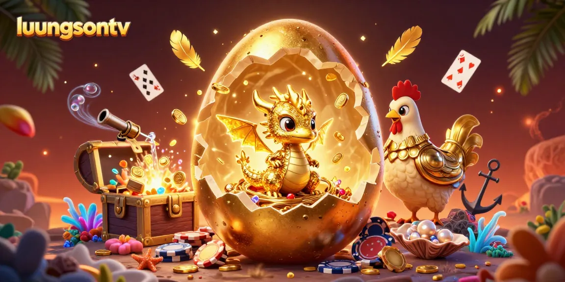 Experience the excitement of luongsontv with a golden dragon and poker chips amid treasures in a vibrant setting.
