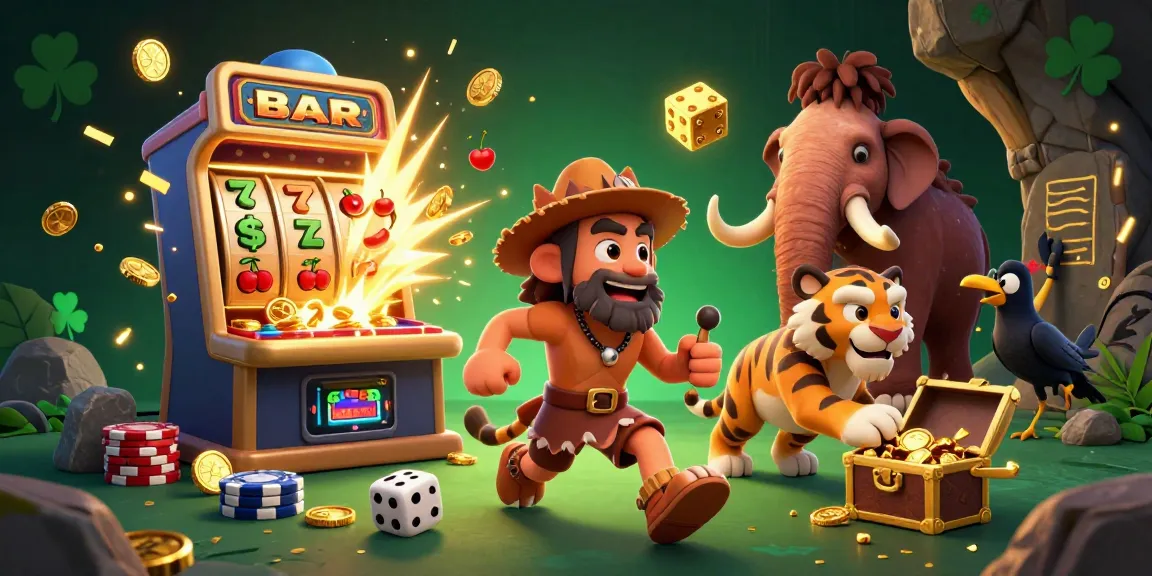 Experience the thrill of fly88 with a 3D prehistoric casino scene featuring cavemen and exciting jackpot rewards.