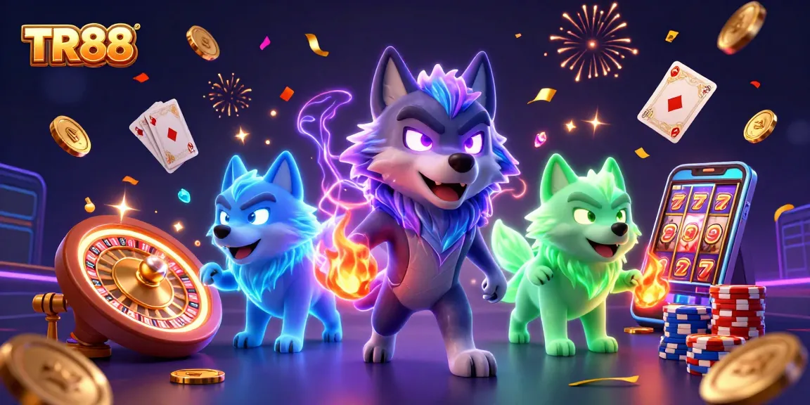 Experience TR88 with thrilling games and glowing characters in a vibrant casino scene.