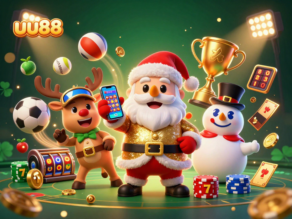 uu88 promotes jackpot excitement with Santa, reindeer, and snowman in a festive casino scene.