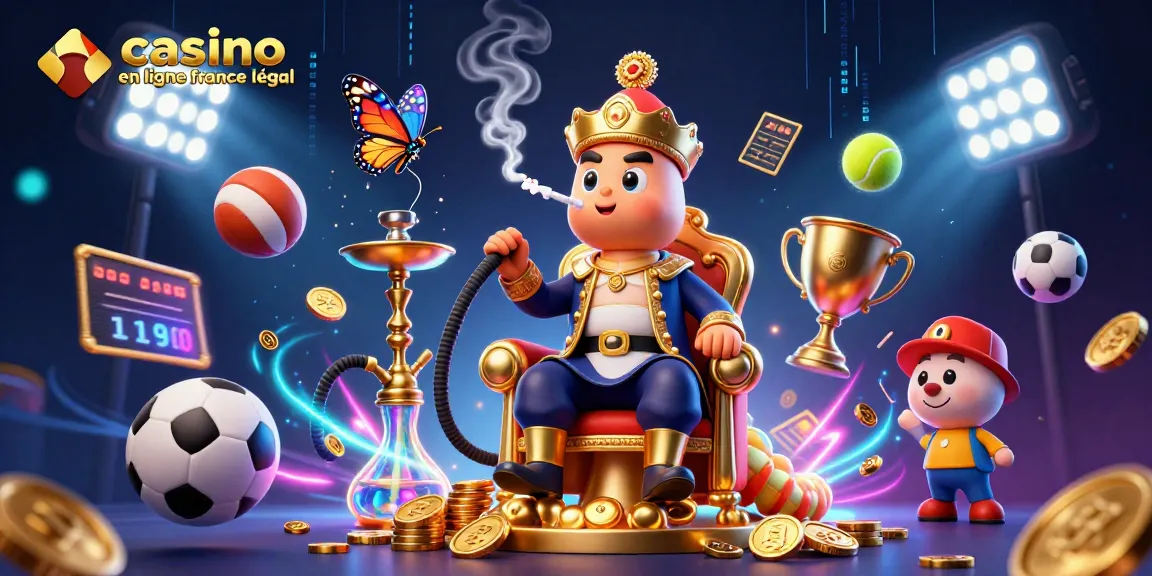 Cette illustration 3D présente le concept de 'casino en ligne légal en France' avec un univers de jeu dynamique rempli d'éléments de pari.
