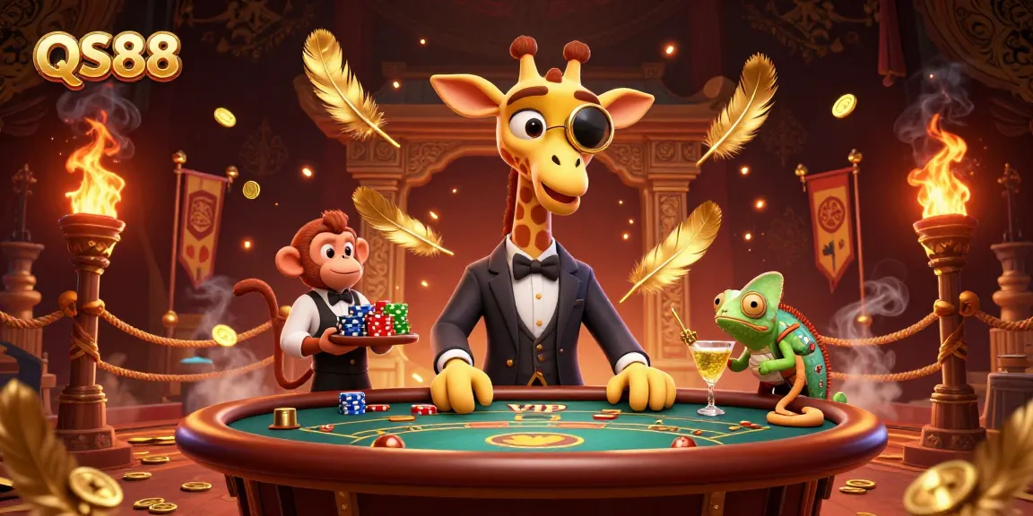 Experience QS88's vibrant gambling scene with cartoon characters around a poker table.