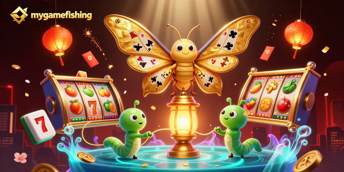Experience thrilling action with mygamefishing's vibrant slot game scene, featuring golden-winged moth and rich casino elements.