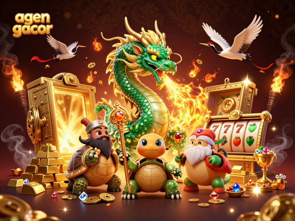 Enjoy a thrilling agen gacor scene with a jade dragon, treasures, and vibrant gambling elements.