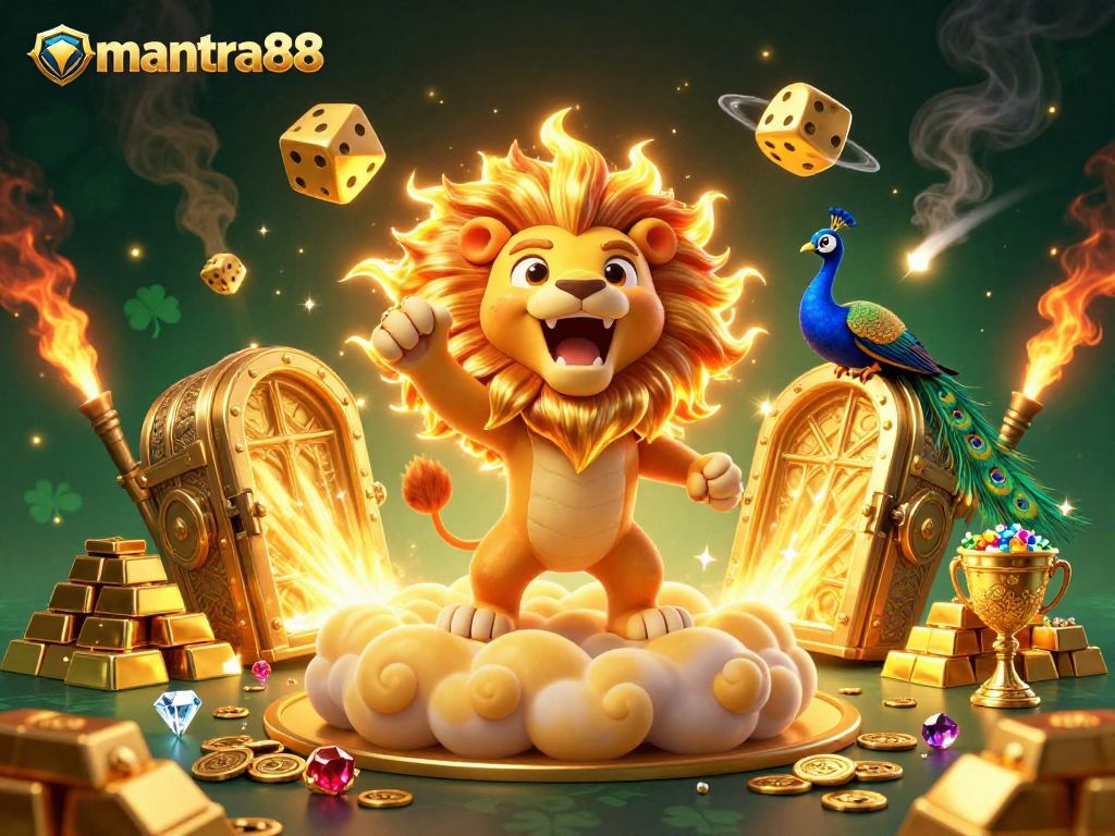 Engage with mantra88 in this thrilling 3D casino scene featuring a roaring sun lion amidst gold treasures and lucky dice.