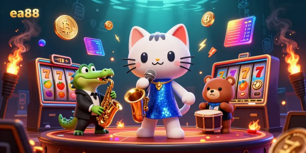 Chơi game tại ea88 với hình ảnh sinh động của nhân vật nhạc jazz và các biểu tượng casino