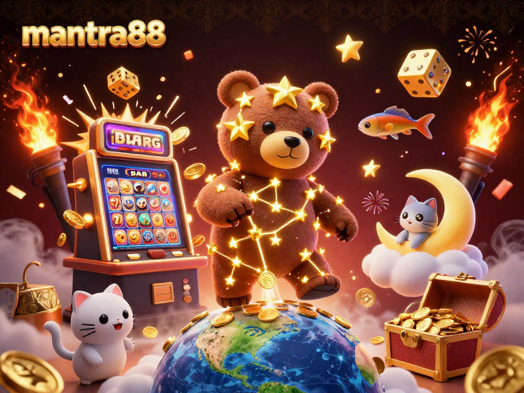Engage in thrilling wins with mantra88’s vibrant casino scene featuring golden stars, slot machines, and dynamic gaming elements.